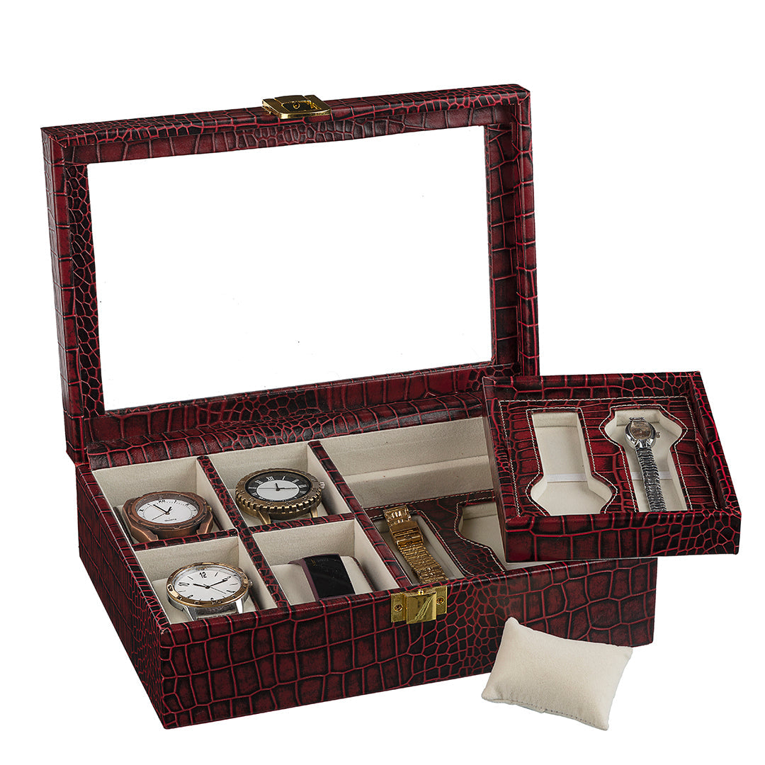 Galio Leather Watch Box / Case | 100% Genuine Leather | Can Hold 8 Watches | Acrylic Glass Top | Color: Croco Red Leather Talks