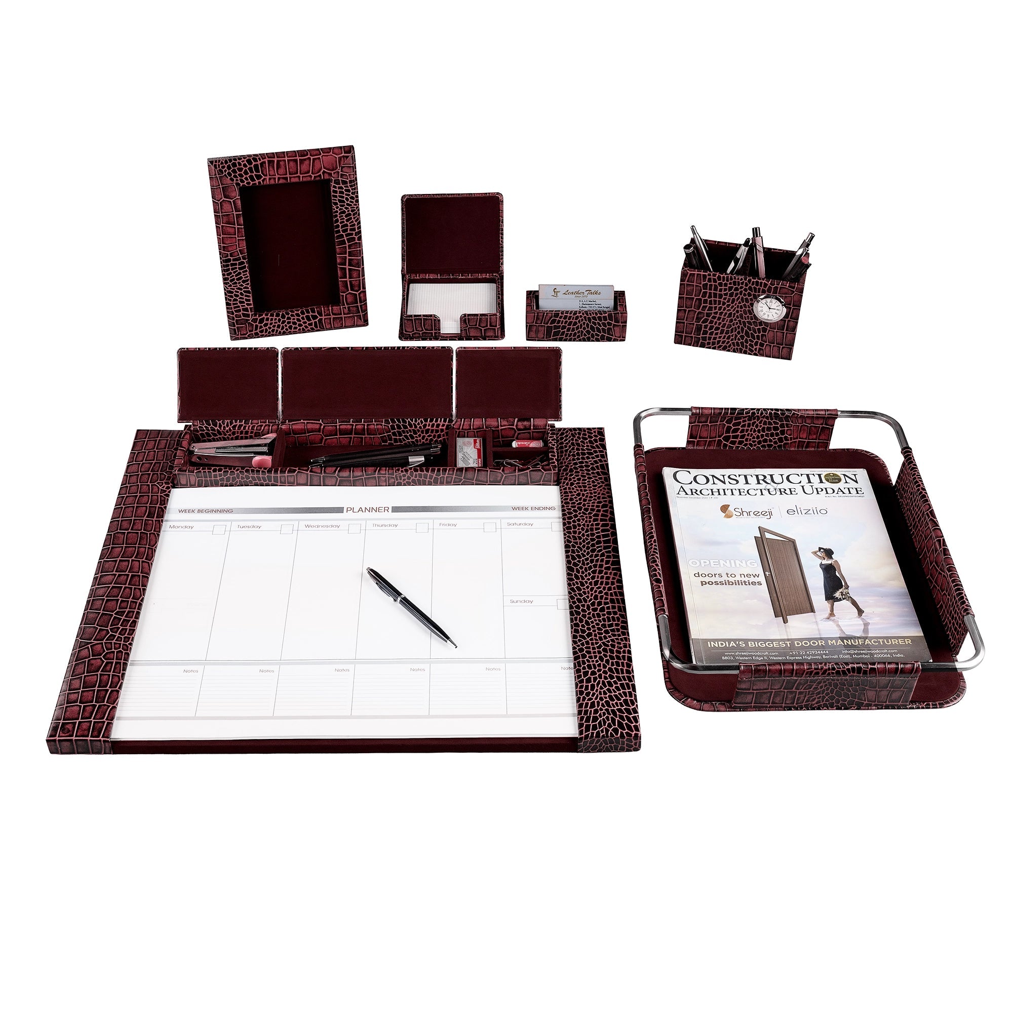 Corporate New Year Gift | Desktop Planner Set I | Office Table Accessories| Croco Embossed Genuine Leather | Color- Cherry Leather Talks