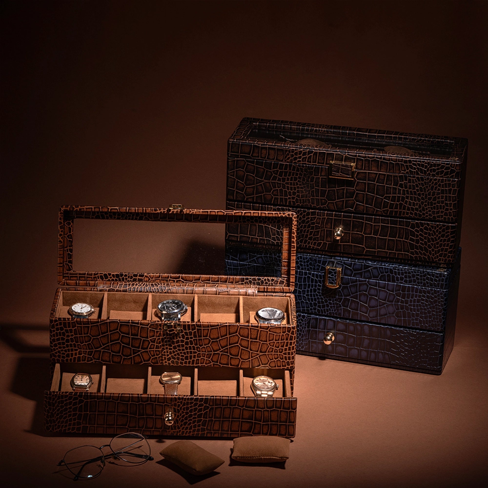 Bronx II Watch Box 10 | Luxury Genuine Leather Watch Box for Men | 10 Slot Watch Organizer with Drawer | Premium Watch Storage Case  | Color:  Croco Tan Leather Talks