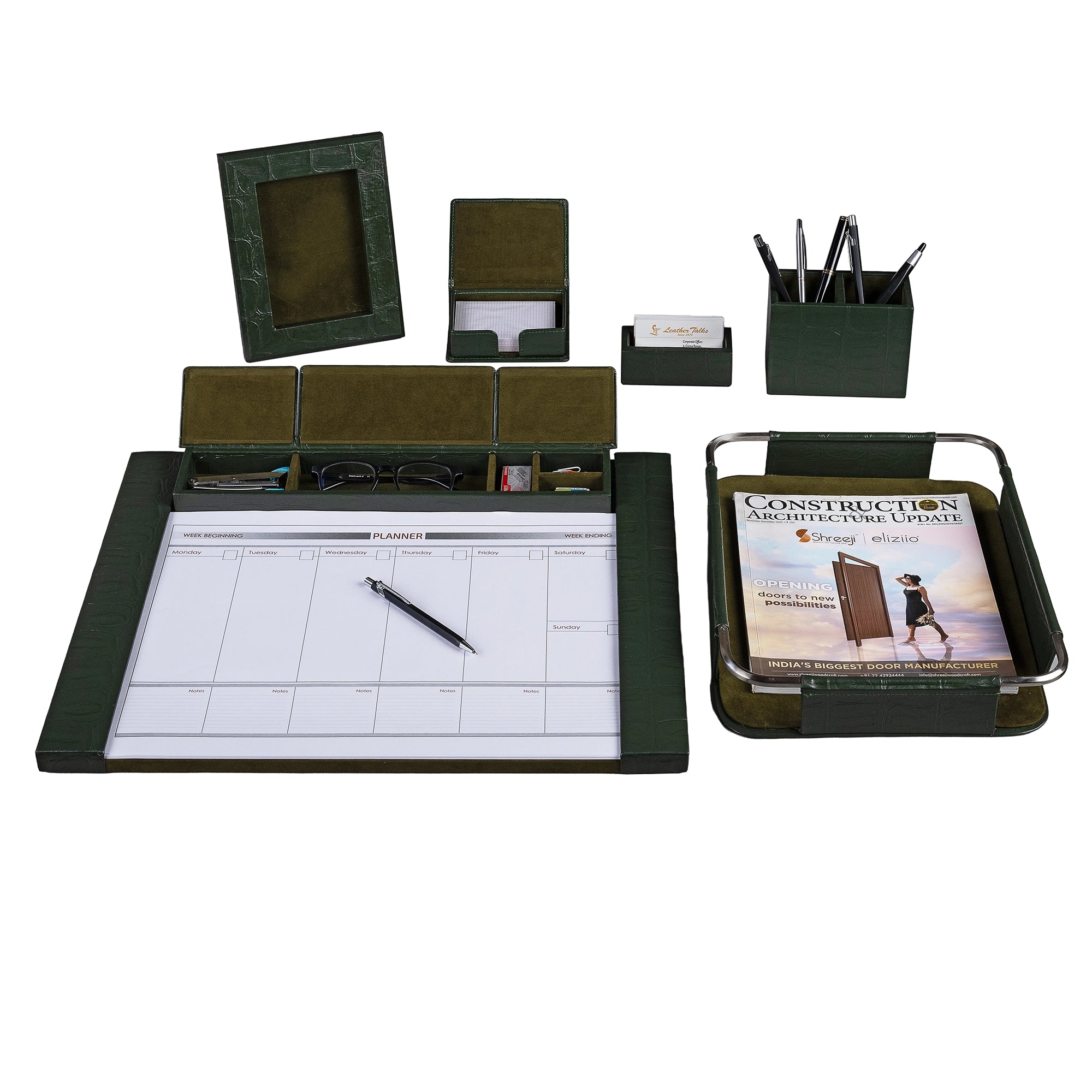 Desktop Planner Set I | Office Table Accessories | Croco Embossed Genuine Leather | Color- Green Leather Talks