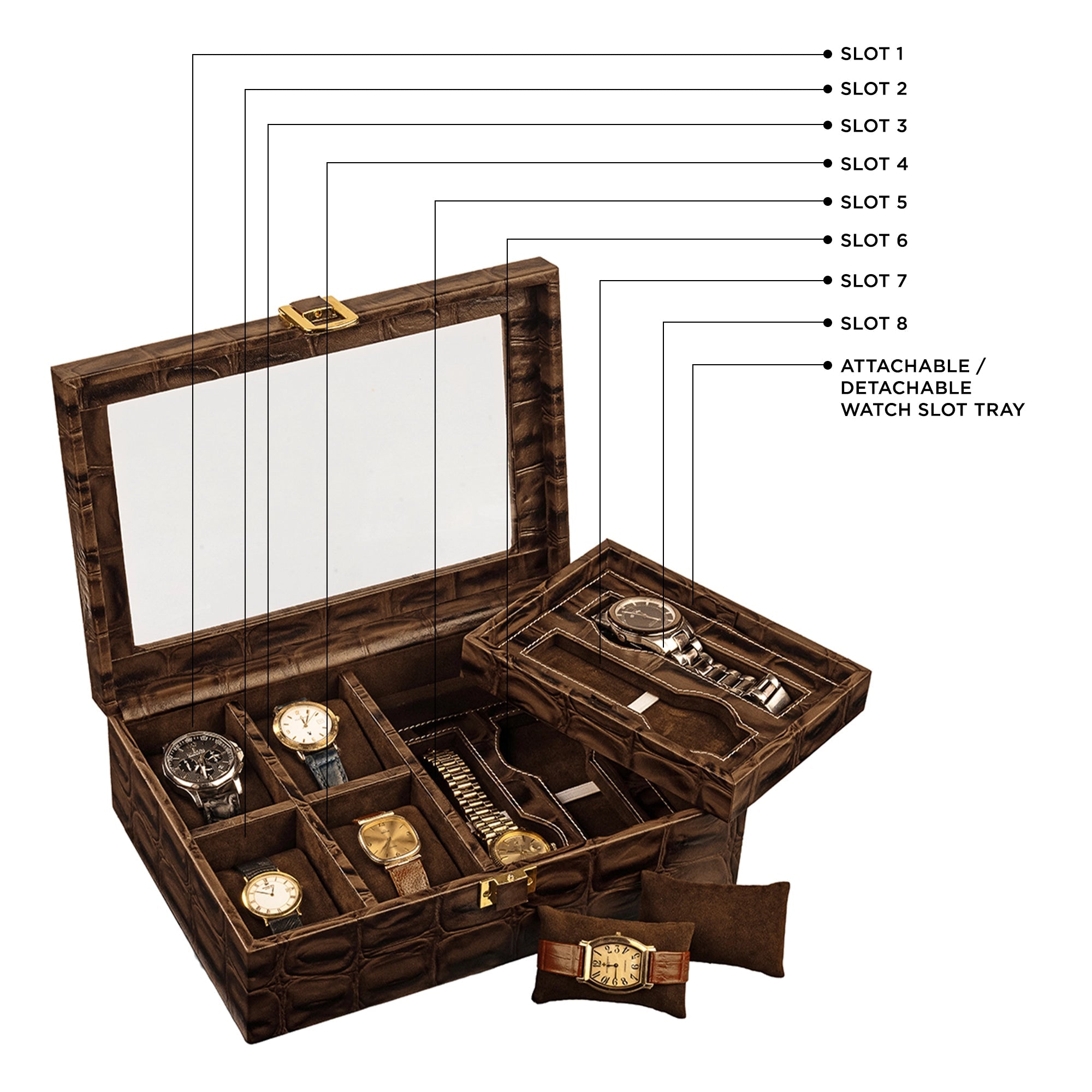 Galio Leather Watch Box / Case |  Genuine Leather Watch Box for Men | Can Hold 8 Watches | Acrylic Glass Top | Color: Crocotail Brown Leather Talks