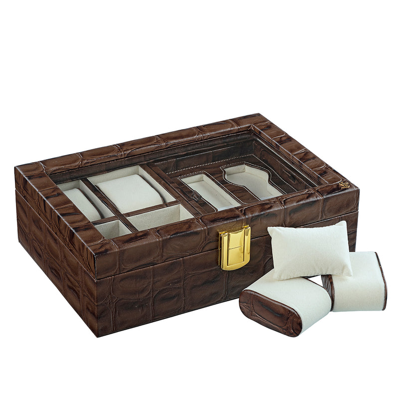 Galio Leather Watch Box / Case | 100% Genuine Leather | Can Hold 6 Watches | Acrylic Glass Top | Color: Brown