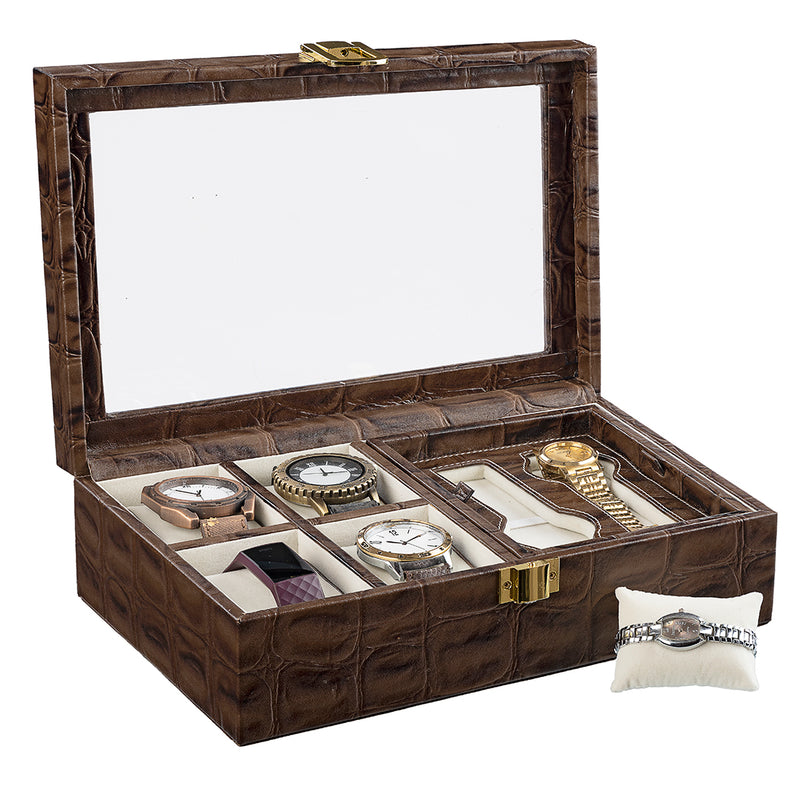 Galio Leather Watch Box / Case | 100% Genuine Leather | Can Hold 6 Watches | Acrylic Glass Top | Color: Brown