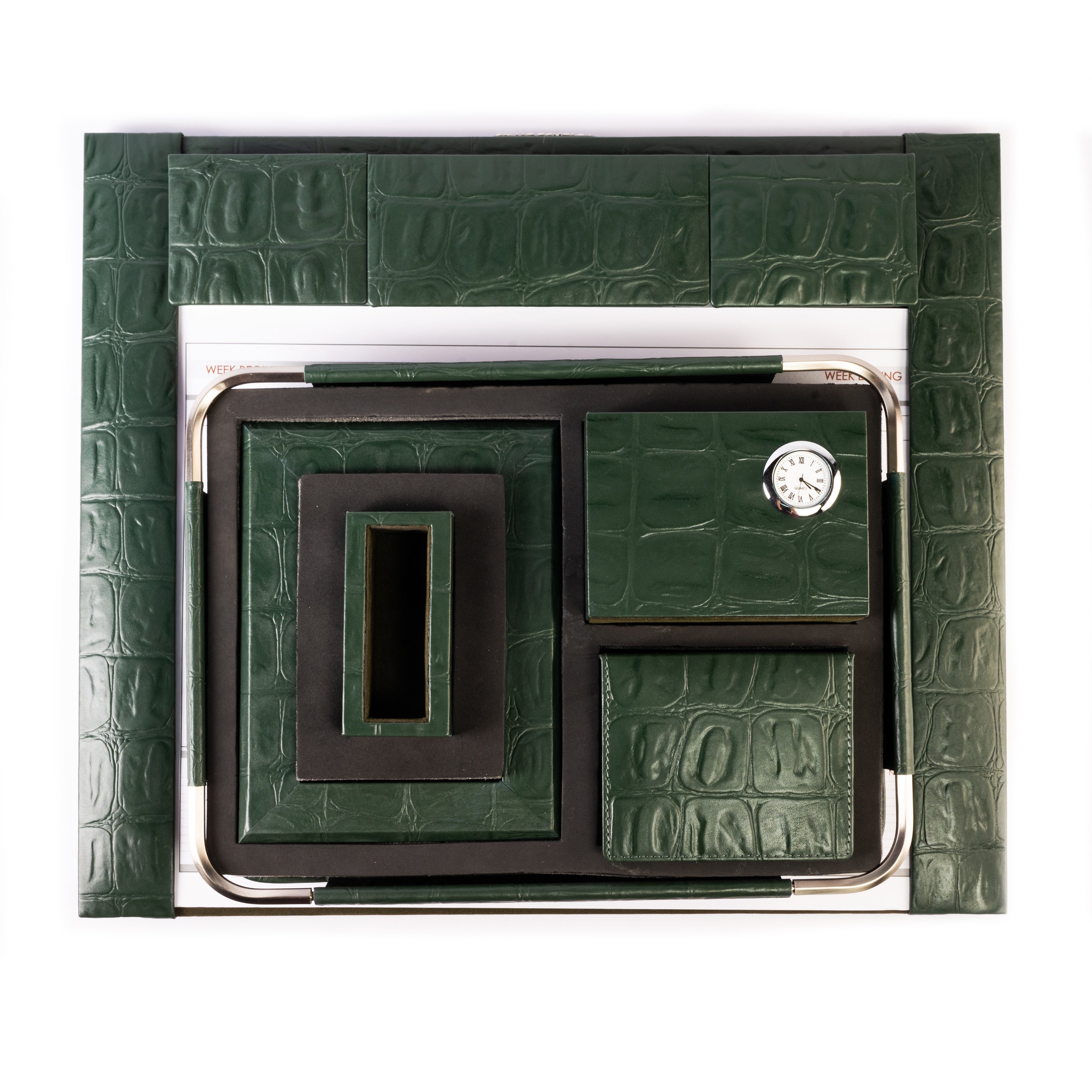 Desktop Planner Set I | Office Table Accessories | Croco Embossed Genuine Leather | Color- Green Leather Talks