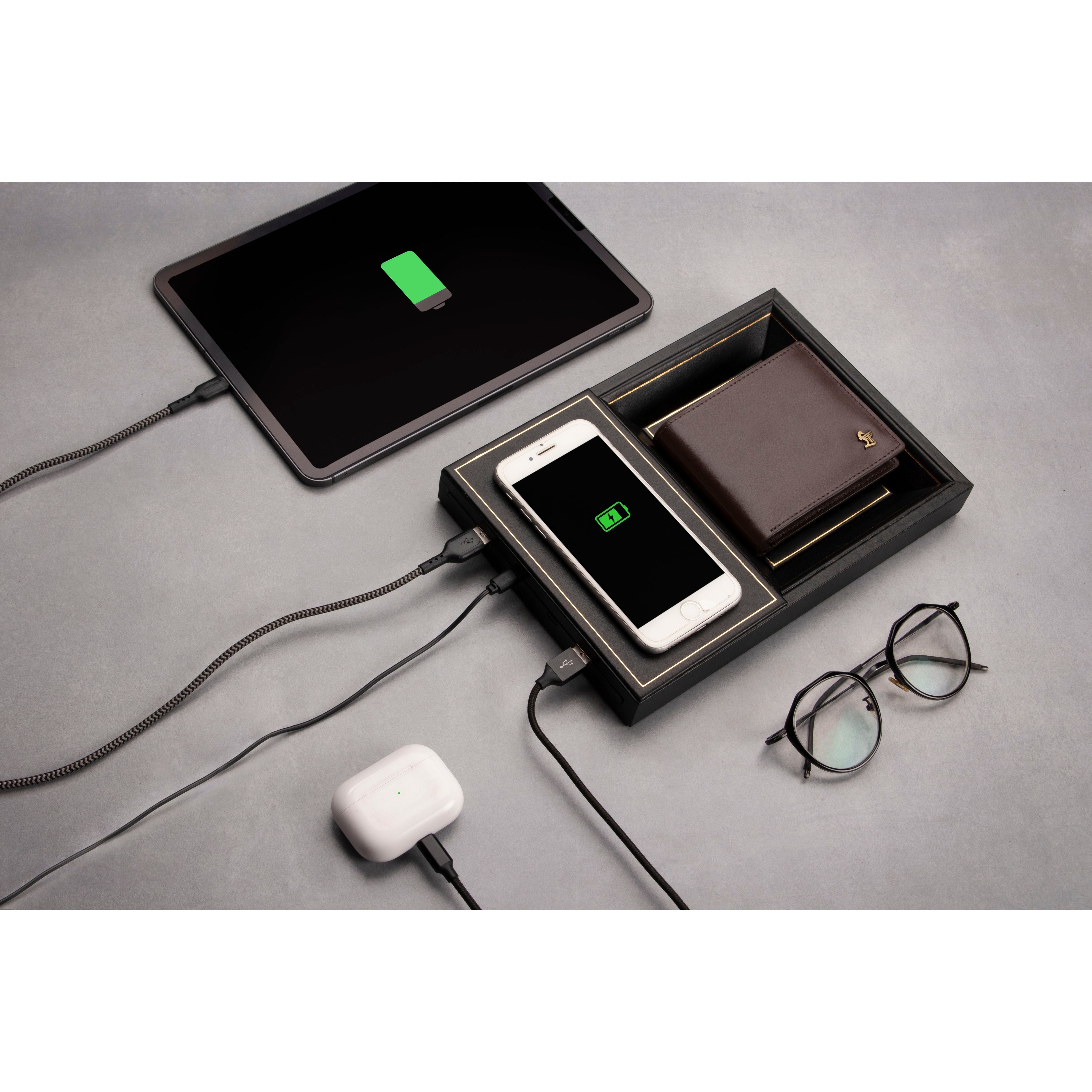 LT Smart Valet Tray 2.0 with wireless charging and power bank 10000 mAh | Color: Brown, Cherry, Black Leather Talks