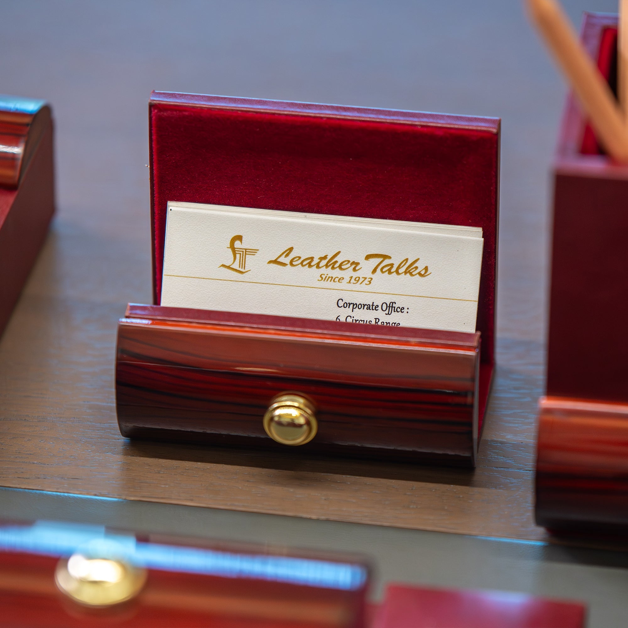 Wood Leather Office Desk Organizer – A sleek wood and leather desktop organizer for a clean and organized workspace.