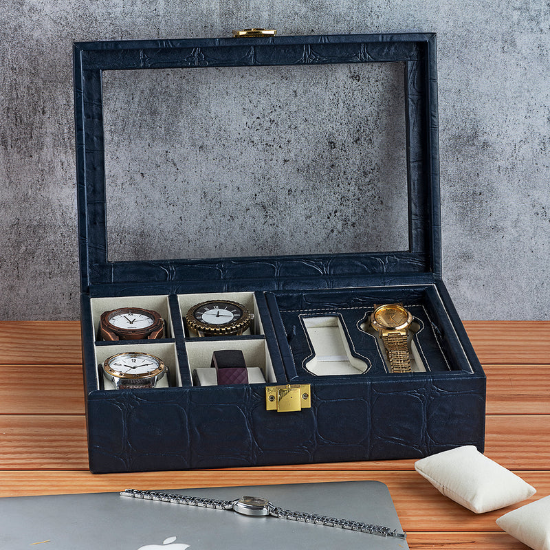 Galio Leather Watch Box / Case | 100% Genuine Leather | Can Hold 6 Watches | Acrylic Glass Top | Color: Blue