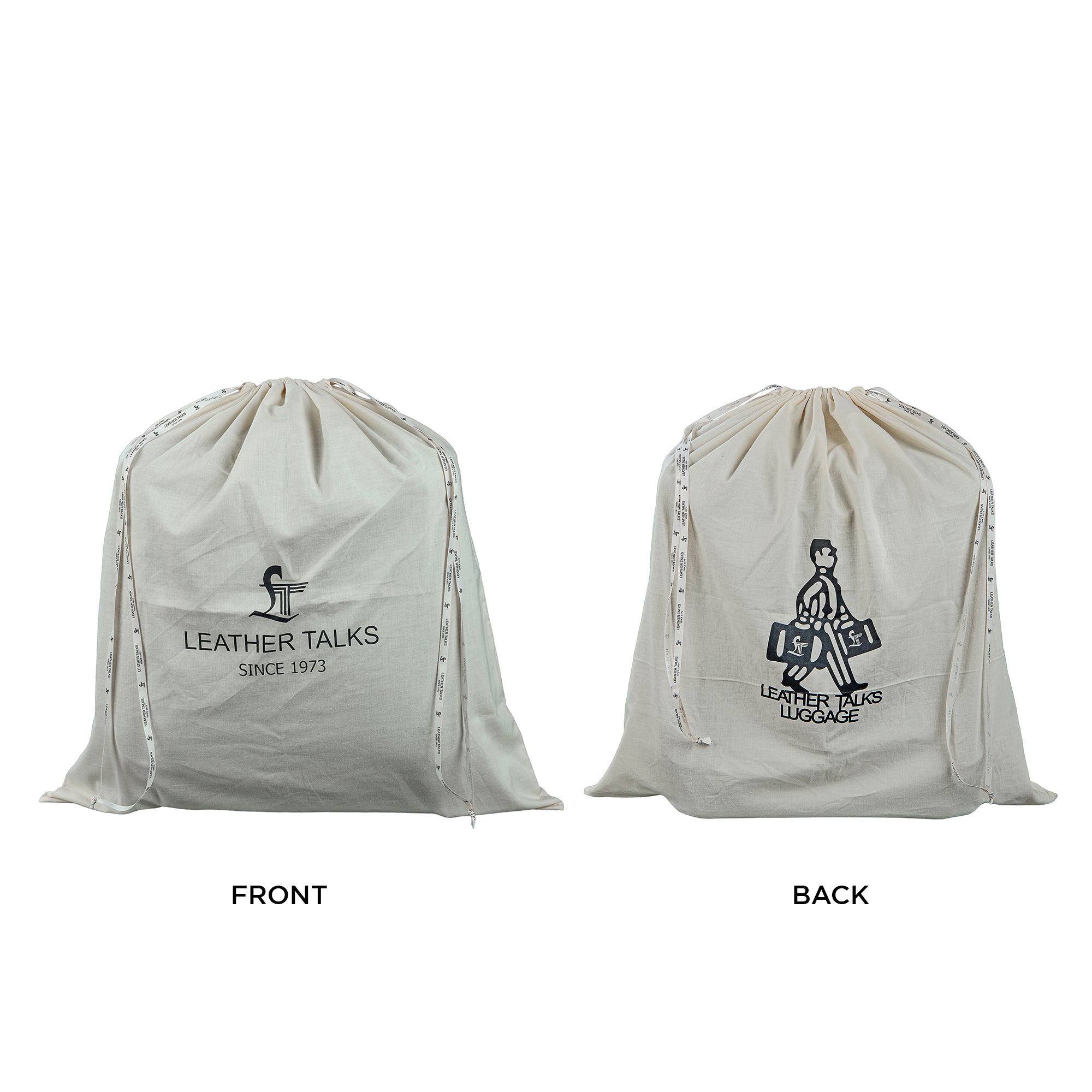 Front and back view of Leather Talks branded drawstring dust bags in white cotton fabric with printed logos – one with “Since 1973” and the other with the signature luggage character.