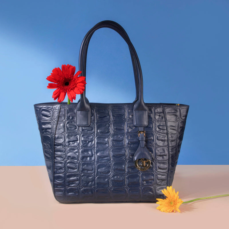 Leather Tote Bag For Women in blue color with croco tail pattern