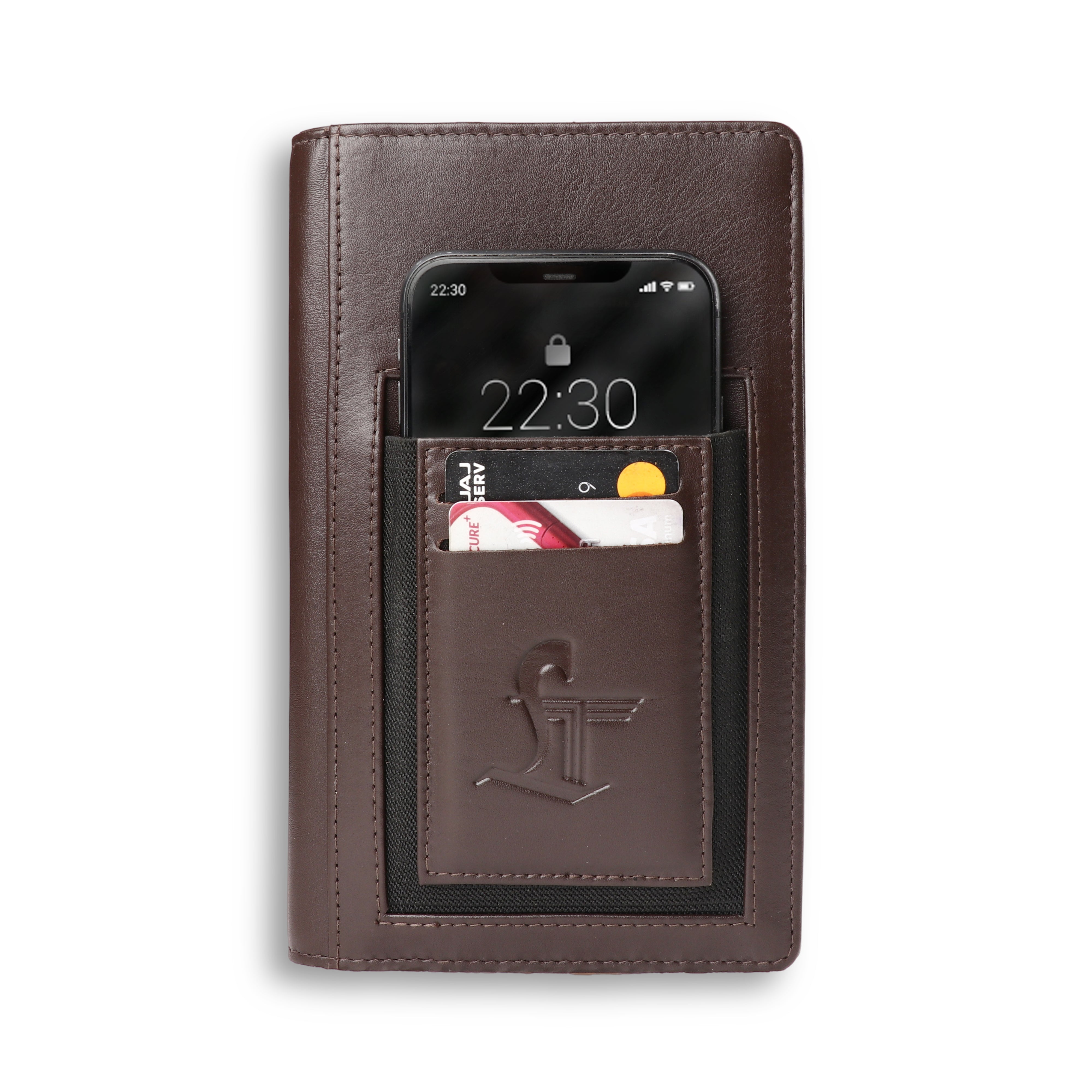 Brown leather phone case with card slots and phone pocket on a white | Leathertalks background