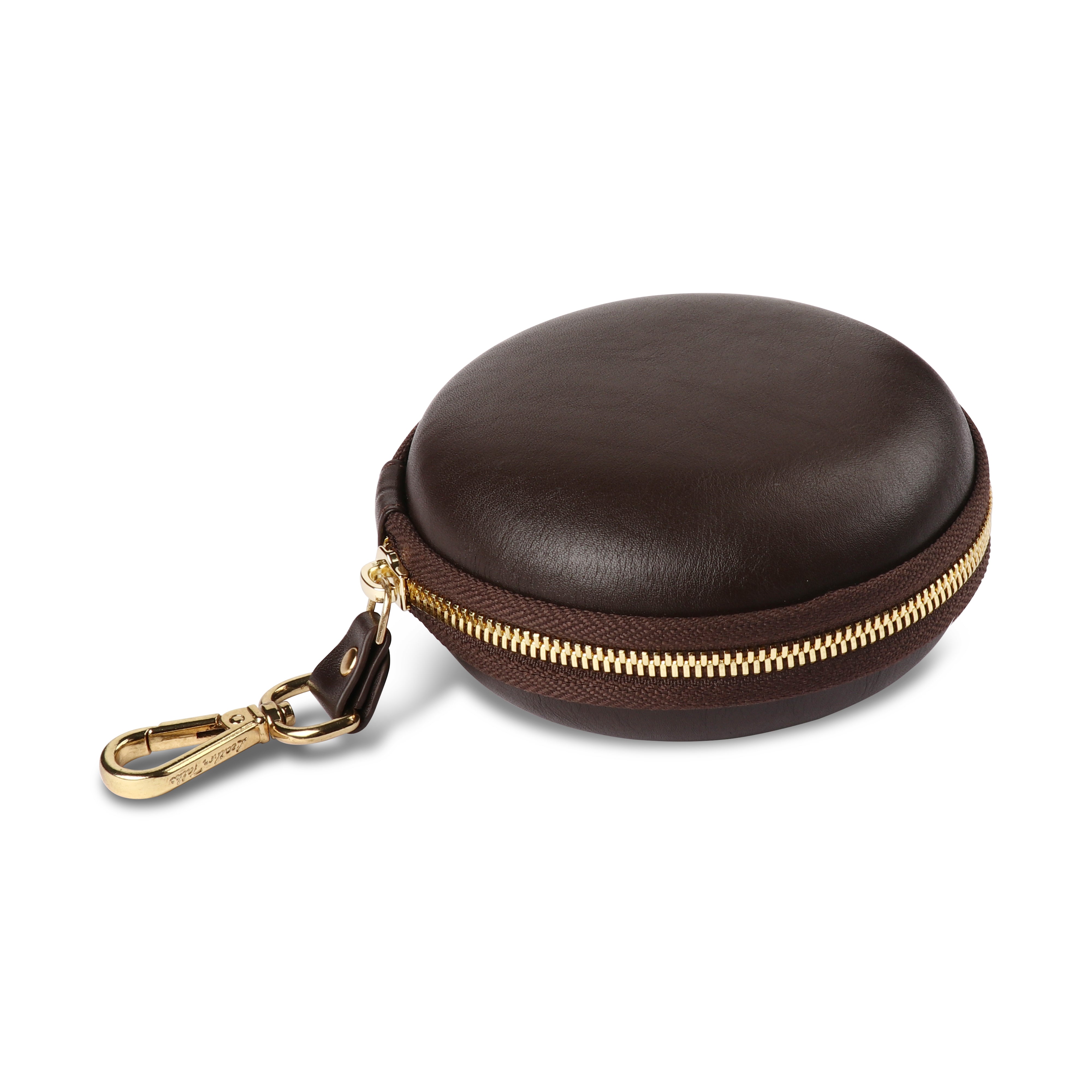 Leathertalks Brown round zippered case with gold zipper and keychain on a white background