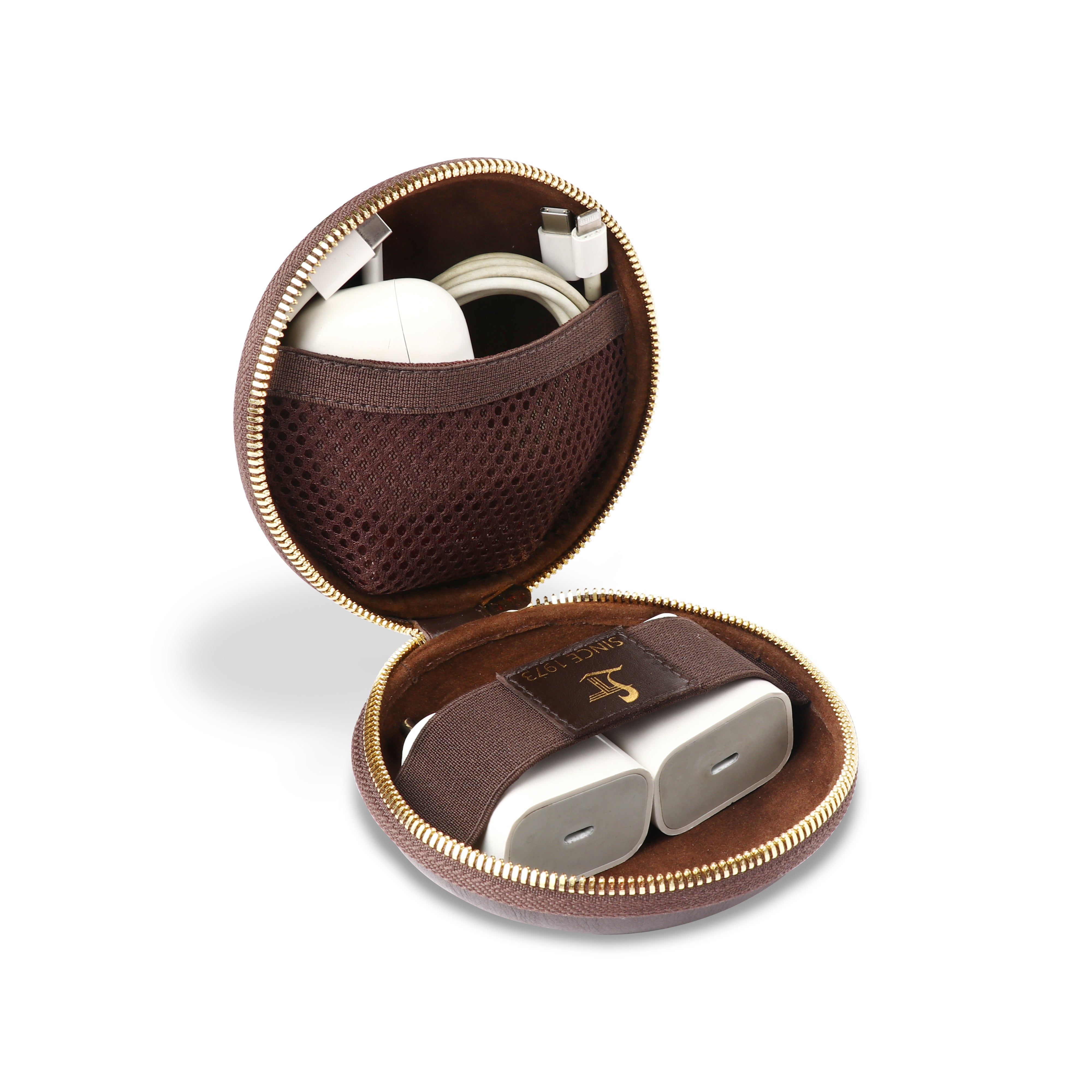Brown travel case with silver earbuds inside on a white background