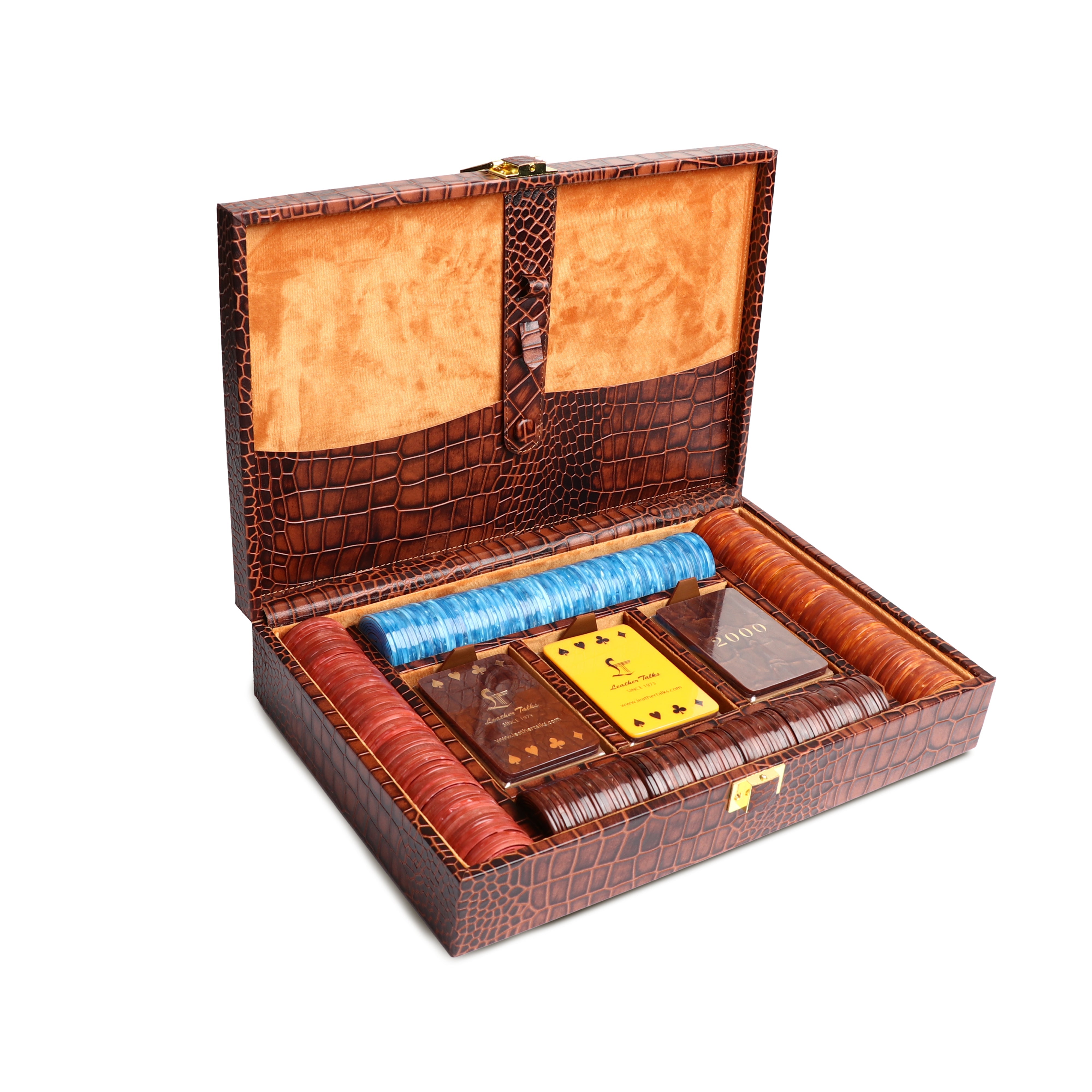 Leather Poker Box | Croco Embossed Genuine Leather | Luxury Playing Card Case | Premium Poker Gift Set | Color: Tan Leather Talks