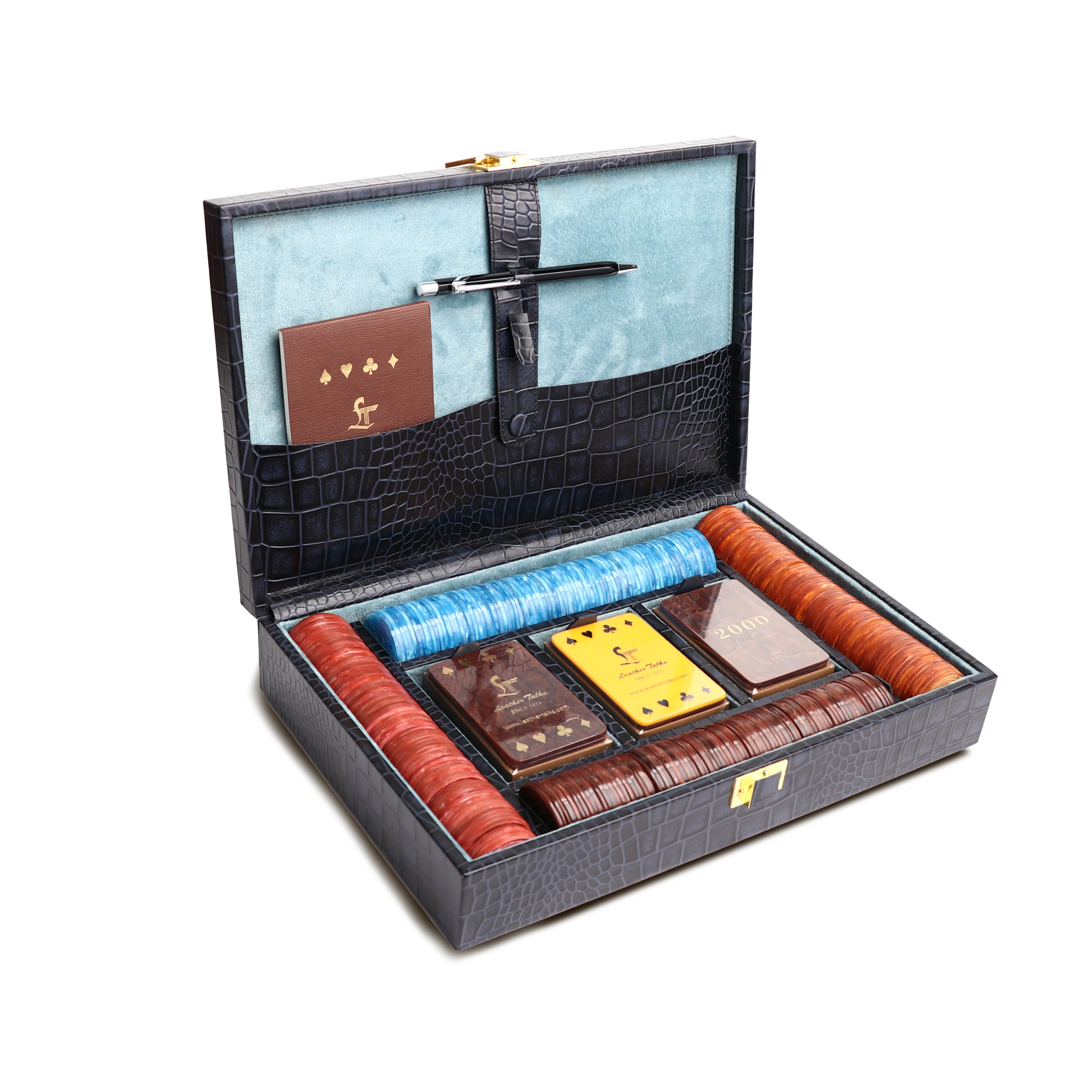 Leather Poker Box | Croco Embossed Genuine Leather | Color: Blue, Brown & Tan Leather Talks