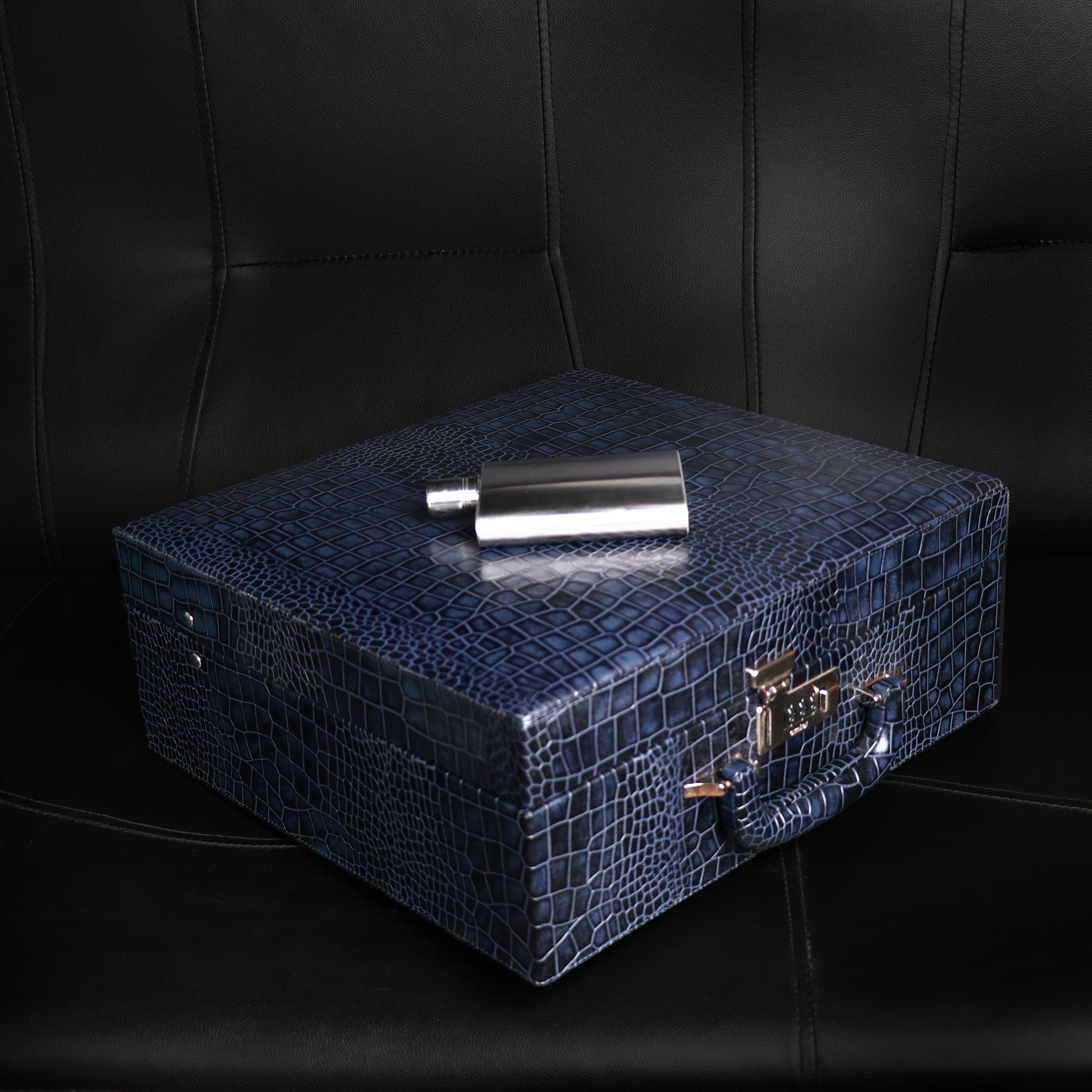 Premium Genuine Leather Bar Box | Luxury Portable Bar Set | Luxury Briefcase-Style Bar Set | Color: Blue Leather Talks