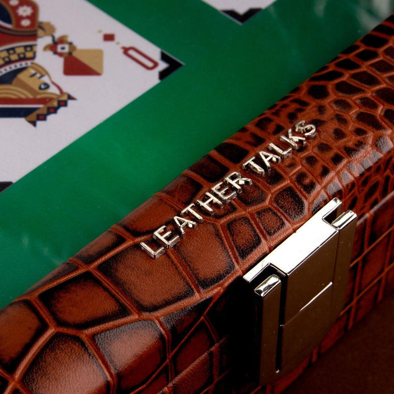Deep Cut Brown Croco Leather Poker Box | 100% Genuine Leather | Color: Blue, Brown & Tan