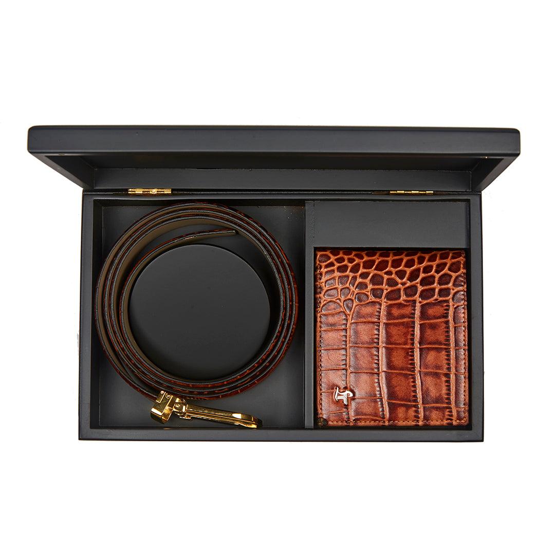 Premium Italian Croco Tan Wallet Belt Set with Wooden Gift Box - Leather Talks 