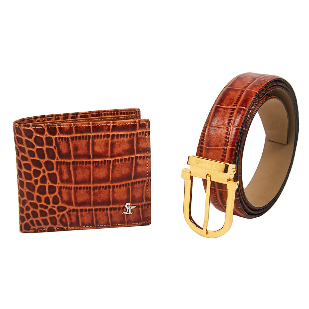 Premium Italian Croco Tan Wallet Belt Set with Wooden Gift Box - Leather Talks 
