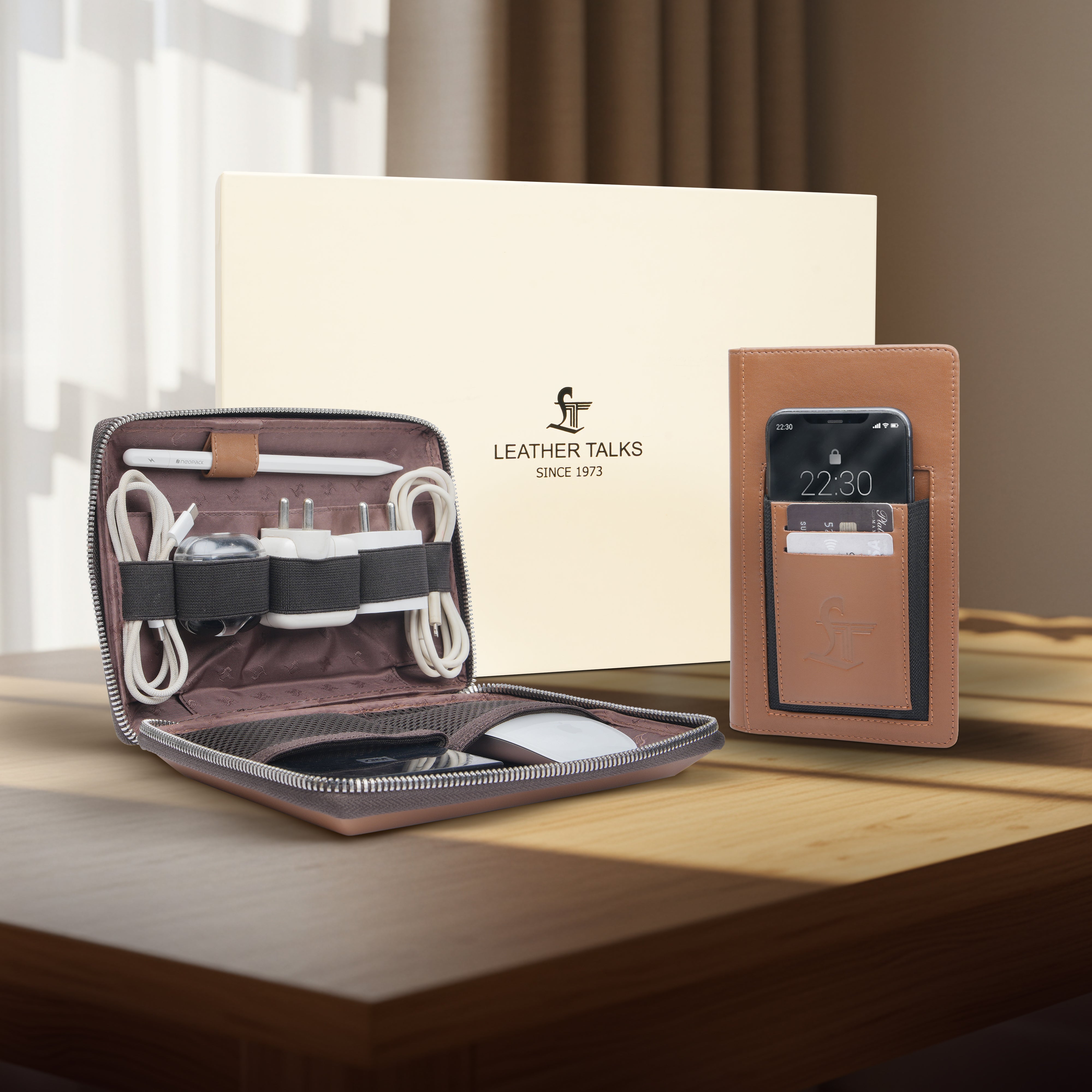 Set of II Combo Set | Harbinger Tech Kit & Mini Notebook | Genuine Leather Tech Organizer Case | Travel Cable Storage Bag | Luxury Electronic Accessories Pouch for Chargers, Wires & Gadgets | Color: Tan Leather Talks