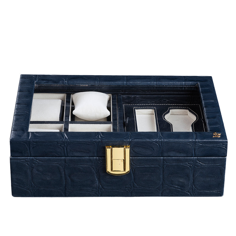 Galio Leather Watch Box / Case | 100% Genuine Leather | Can Hold 6 Watches | Acrylic Glass Top | Color: Blue