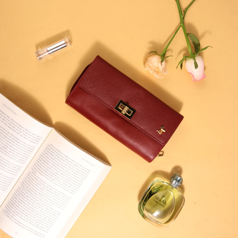Backzipp | Saffiano Leather Wallet for Women | 100% Genuine Leather | Color: Cherry