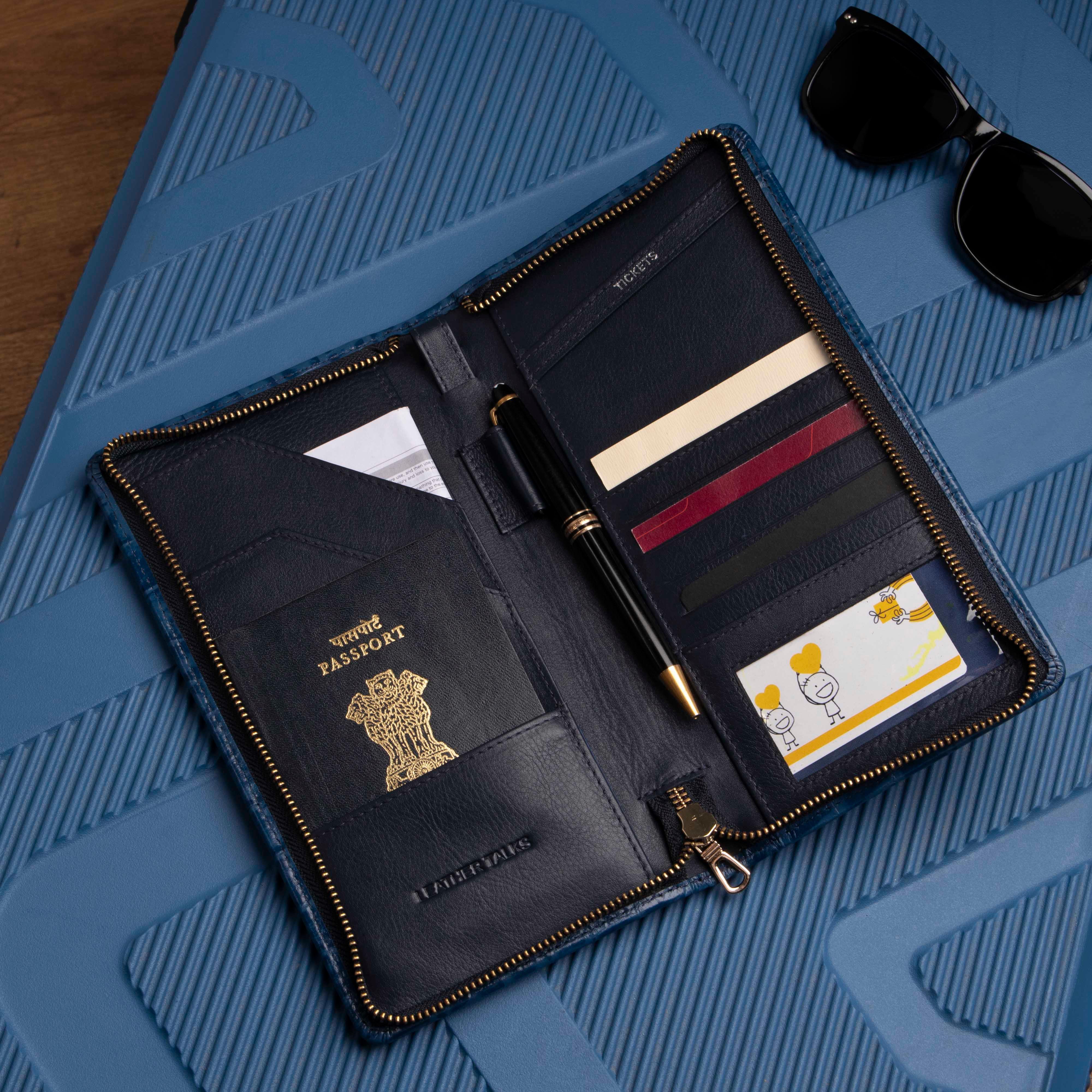 Full Zip Leather Passport Holder | 100% Genuine Leather | Color: Blue