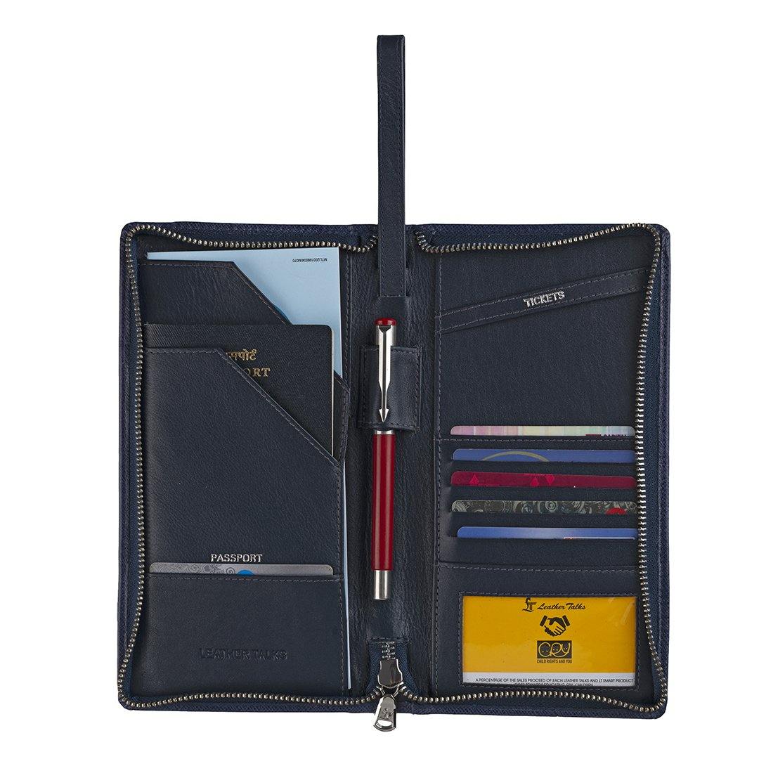 Full Zip Travel Wallet | 100% Genuine Leather | Color: Blue