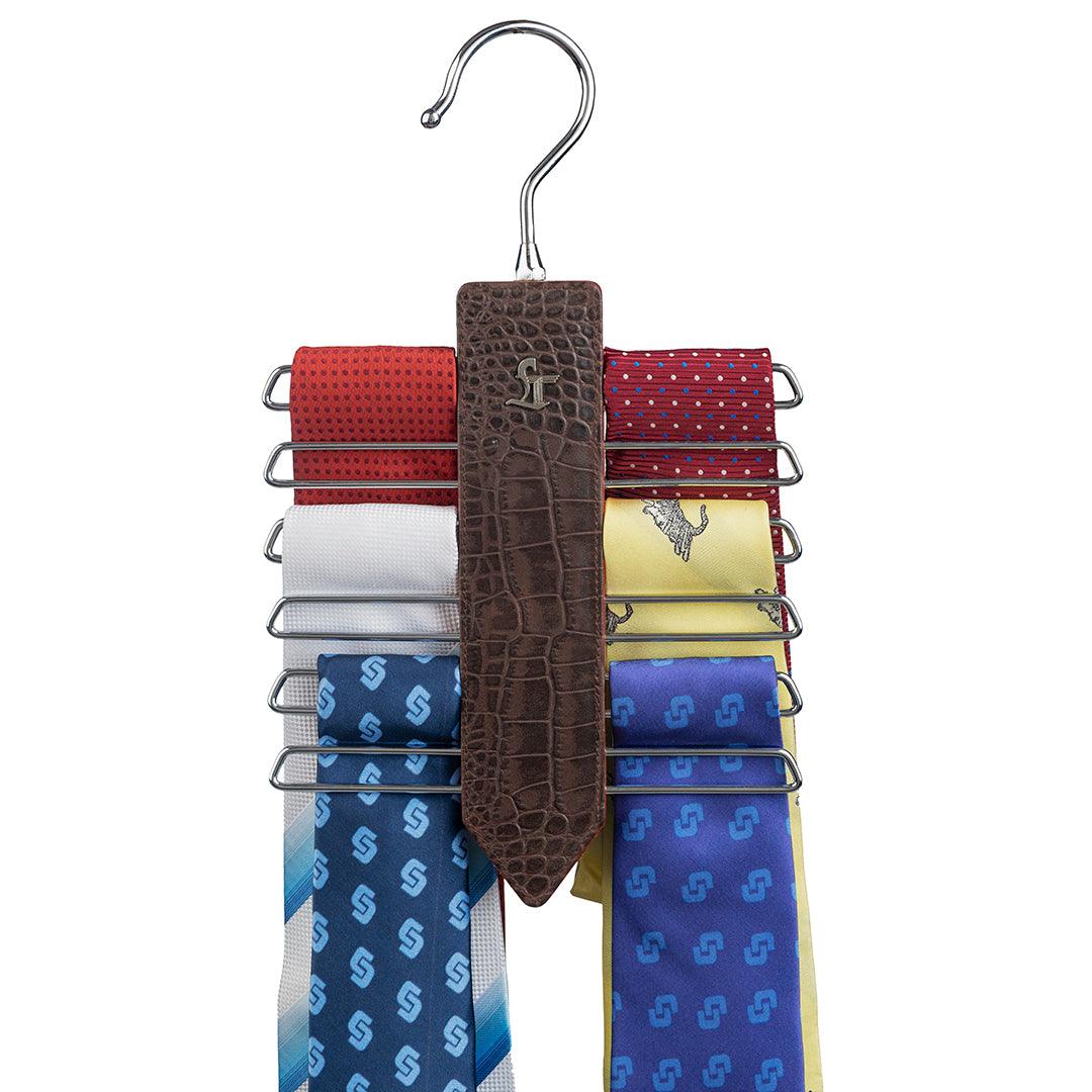 Leather Wooden Tie Hanger | 100% Genuine Leather | Color: Brown