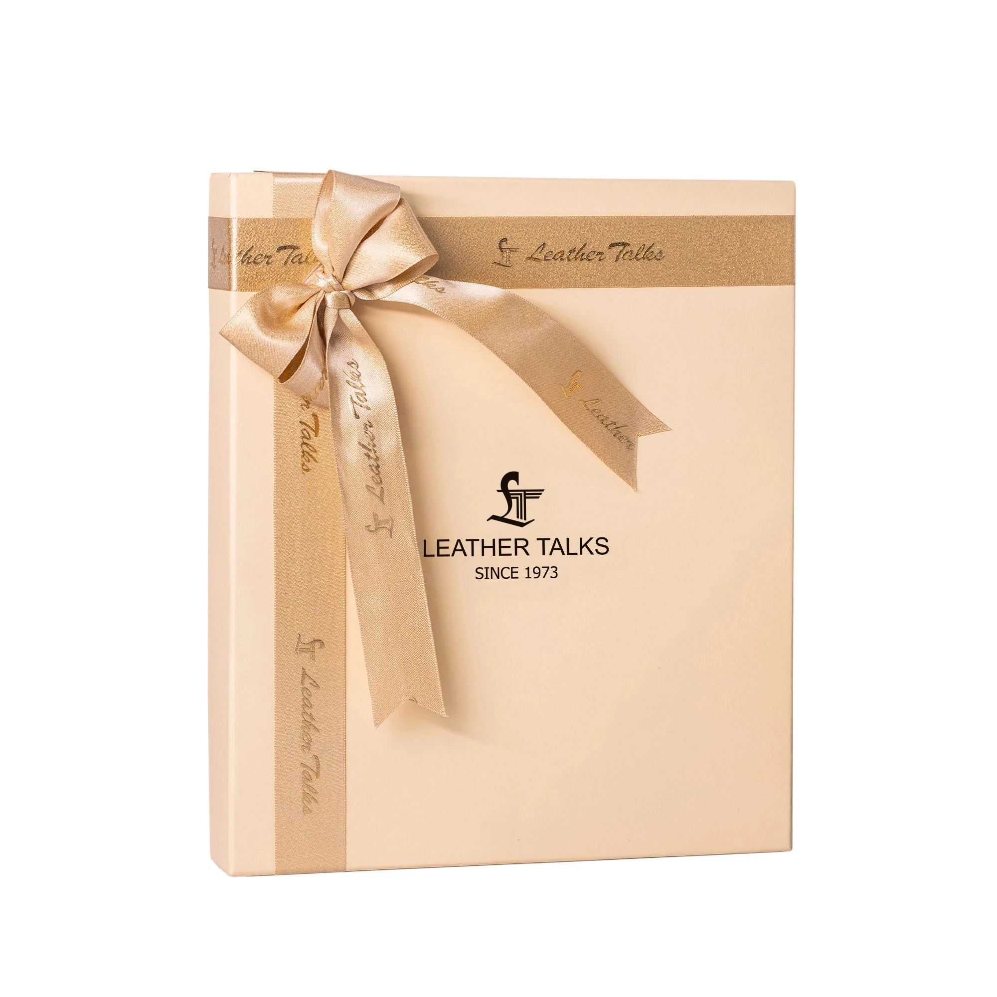 Premium Leather Talks signature gift box with golden ribbon for elegant presentation.