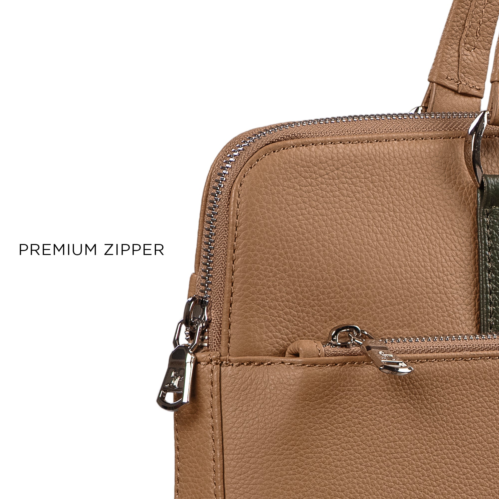 Premium metal zipper detail on genuine leather folio bag for men – durable office bag hardware.