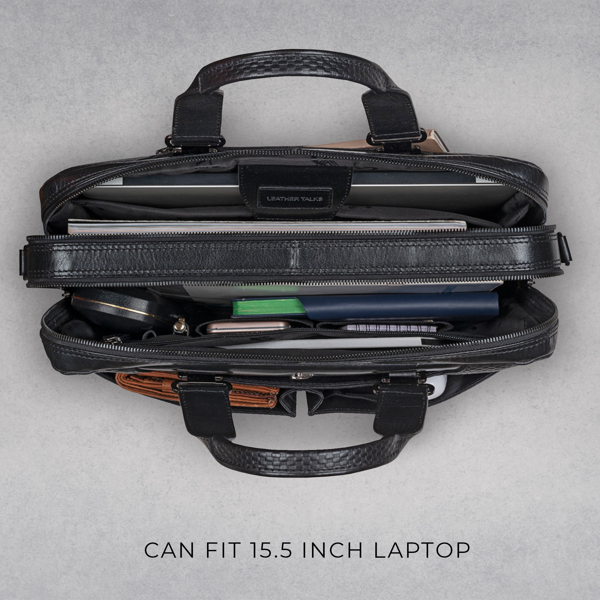 Fortune Series | Leather Portfolio Bag for Men | Double Zipper Laptop Bag | 100% Genuine Leather | Color: Black