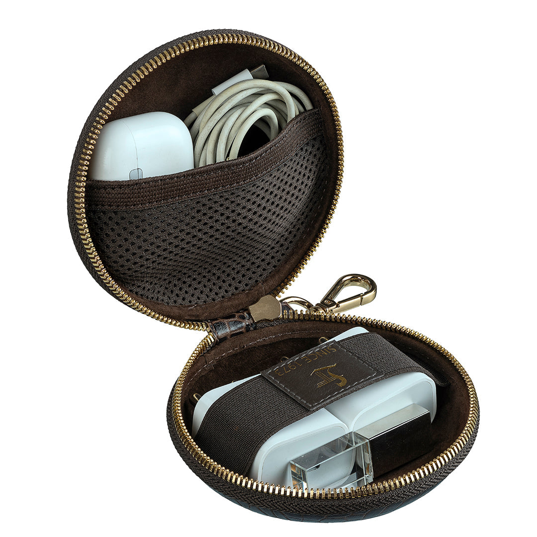 Tech Kit | Leather Travel Charger Organiser | Croco Leather | Color: Brown
