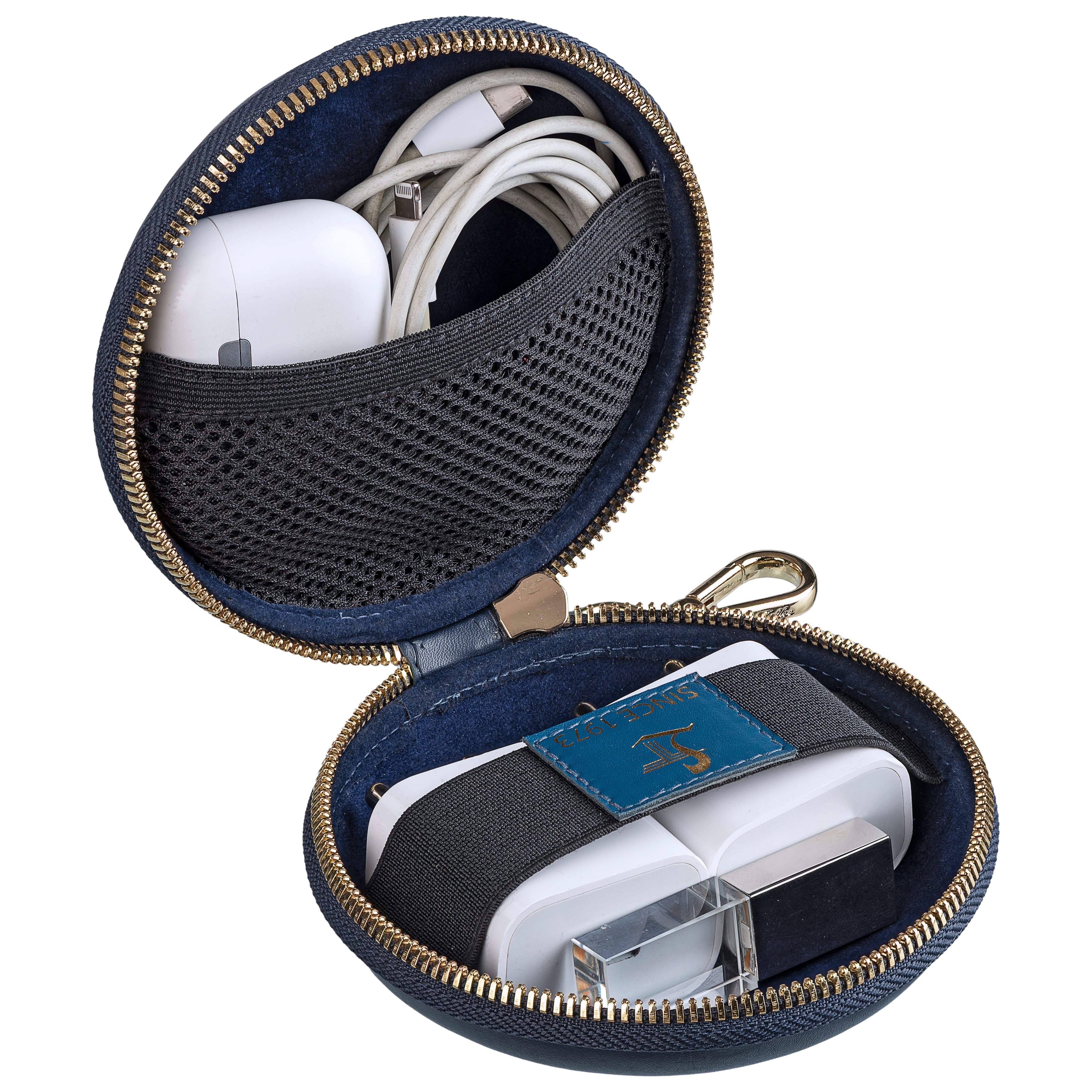 Tech Kit | Leather Pouch for Mobile Charger | Premium Nappa Leather | Color: Navy Blue