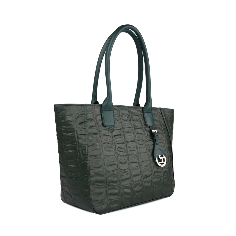 Leather Tote Bag For Women in green color with croco tail pattern