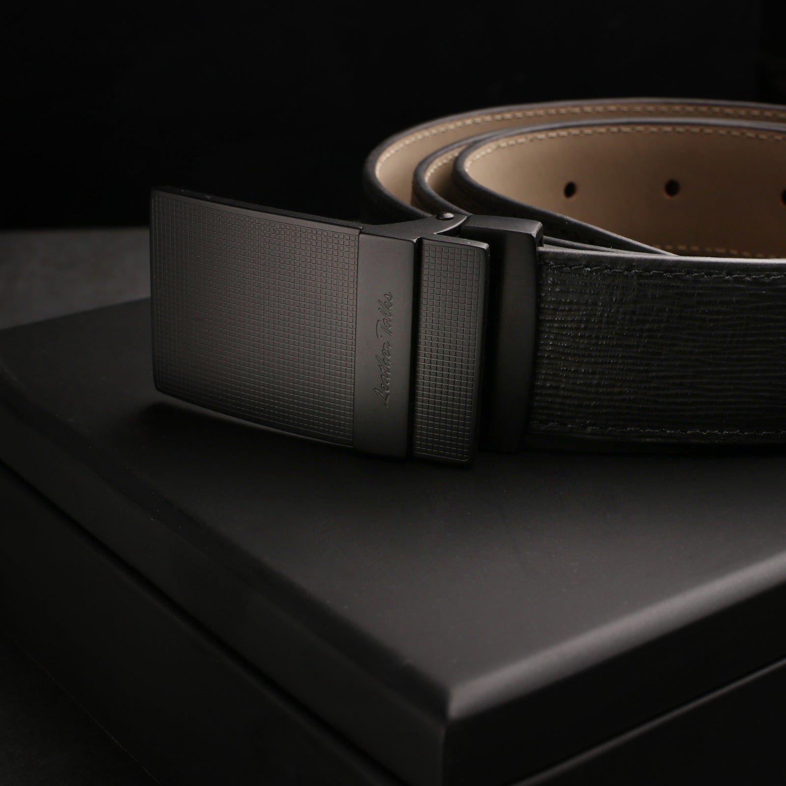 Italian Wood Finish Black Leather Belt for Men - Image 1