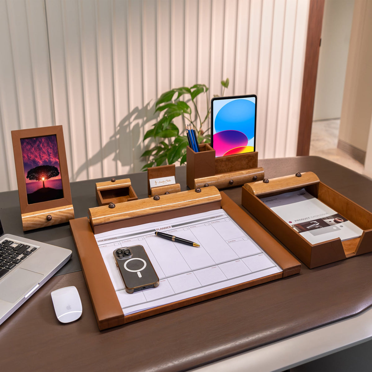 Wood Leather Desktop Planner Set | Color - Tan