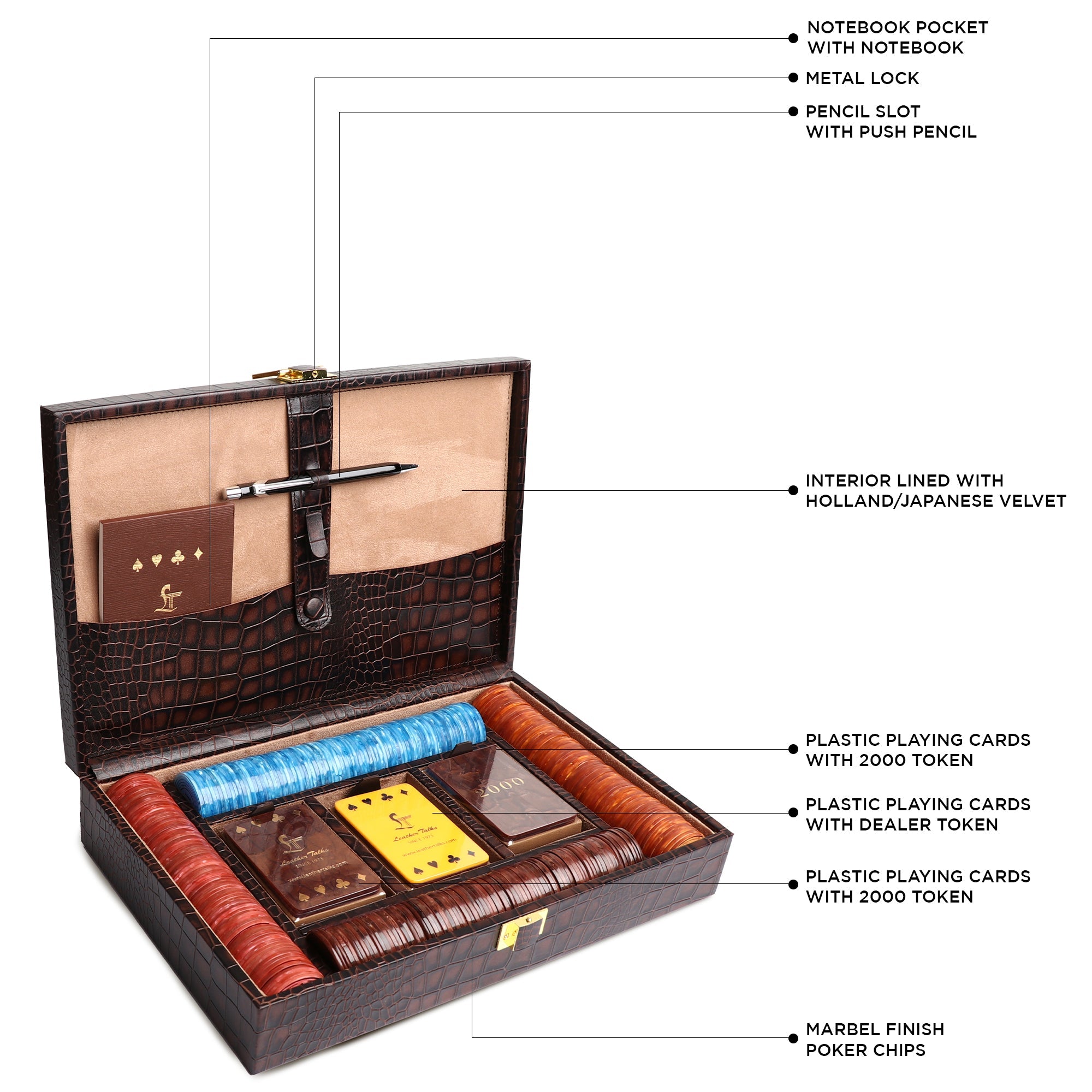 Luxury Genuine Leather Poker Box | Premium Poker Chip & Card Set | Color: Cherry Leather Talks