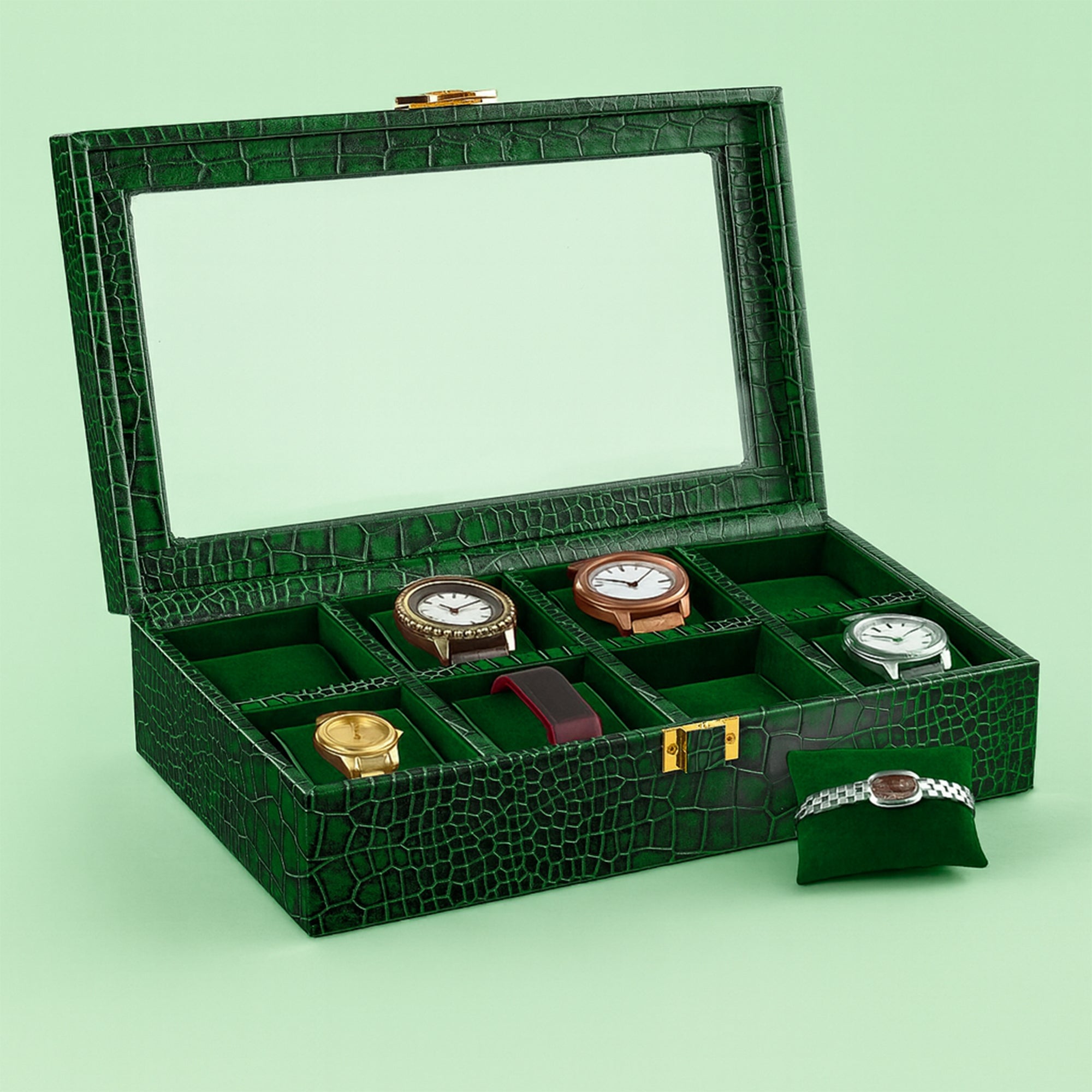 Bronx II Genuine Leather Watch Box for Men | 8 Slot Luxury Watch Organizer | Croco Embossed Premium Watch Case | Color: Green Leather Talks