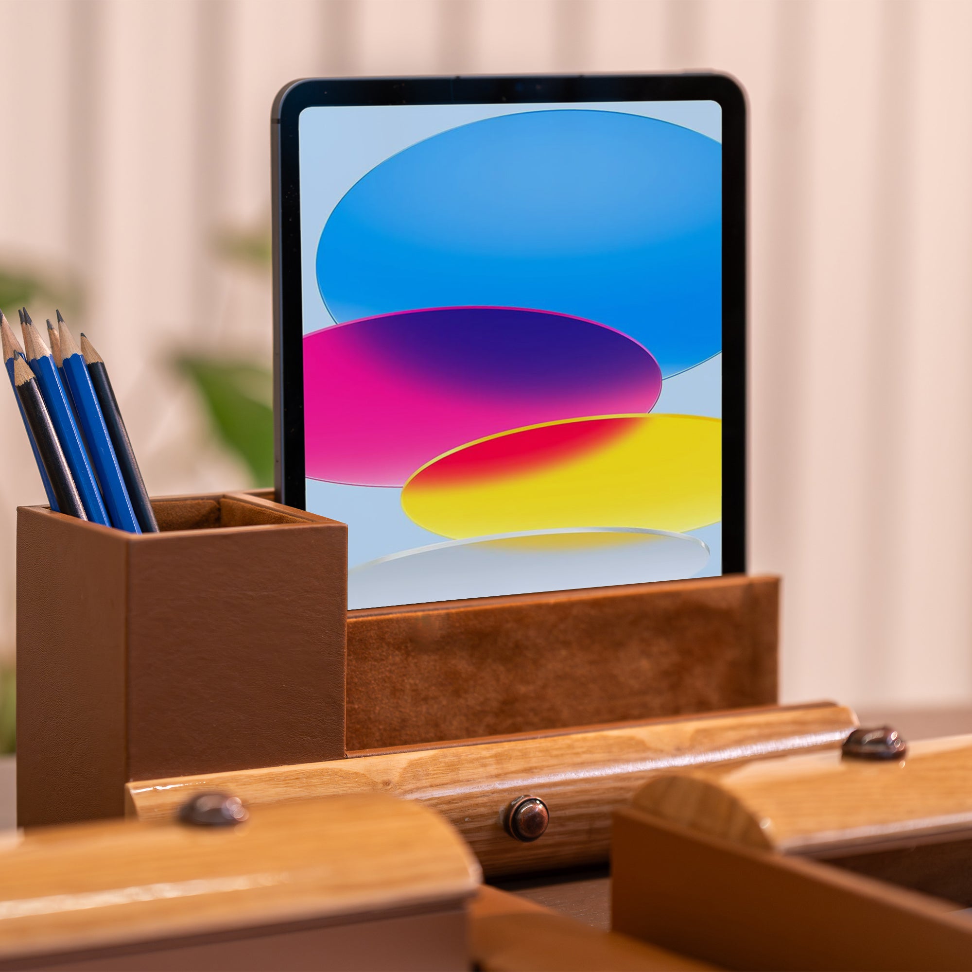 Wood Leather Office Desk Organizer Set | Color - Beige Brown