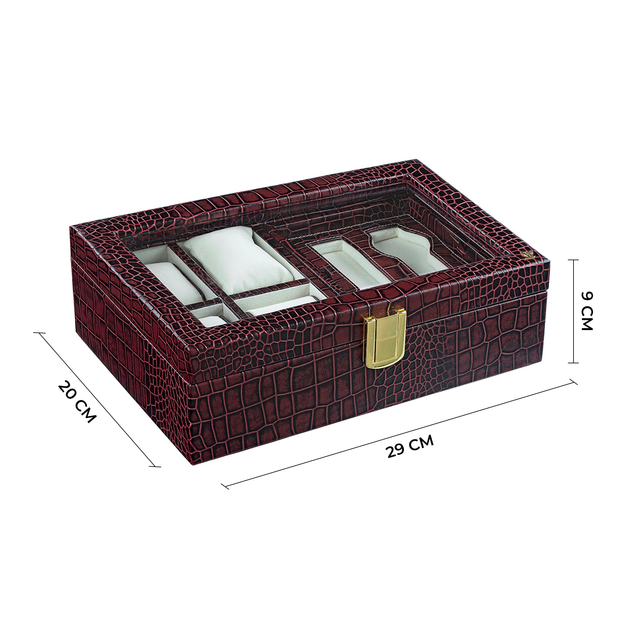 Galio Leather Watch Box / Case | 100% Genuine Leather | Can Hold 8 Watches | Acrylic Glass Top | Color: Croco Red Leather Talks