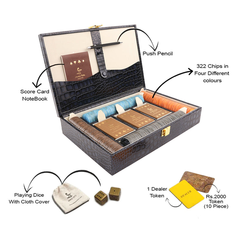 Deep Cut Brown Croco Leather Poker Box | 100% Genuine Leather | Color: Blue, Brown & Tan
