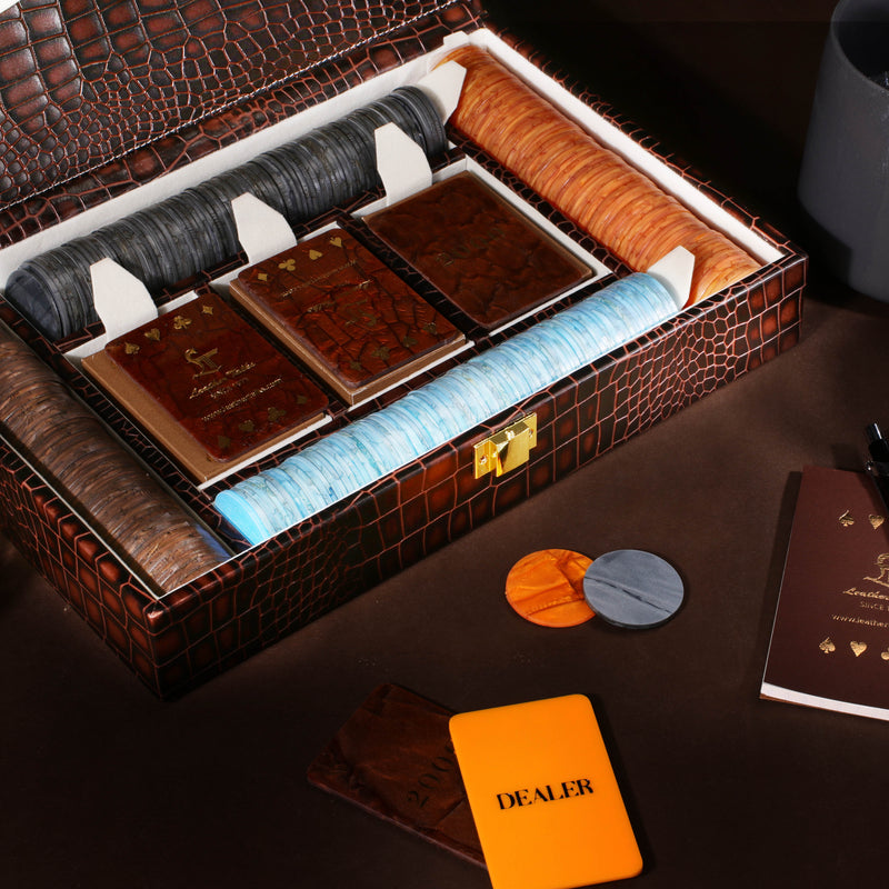 Deep Cut Blue Croco Leather Poker Box | 100% Genuine Leather | Color: Blue, Brown & Tan