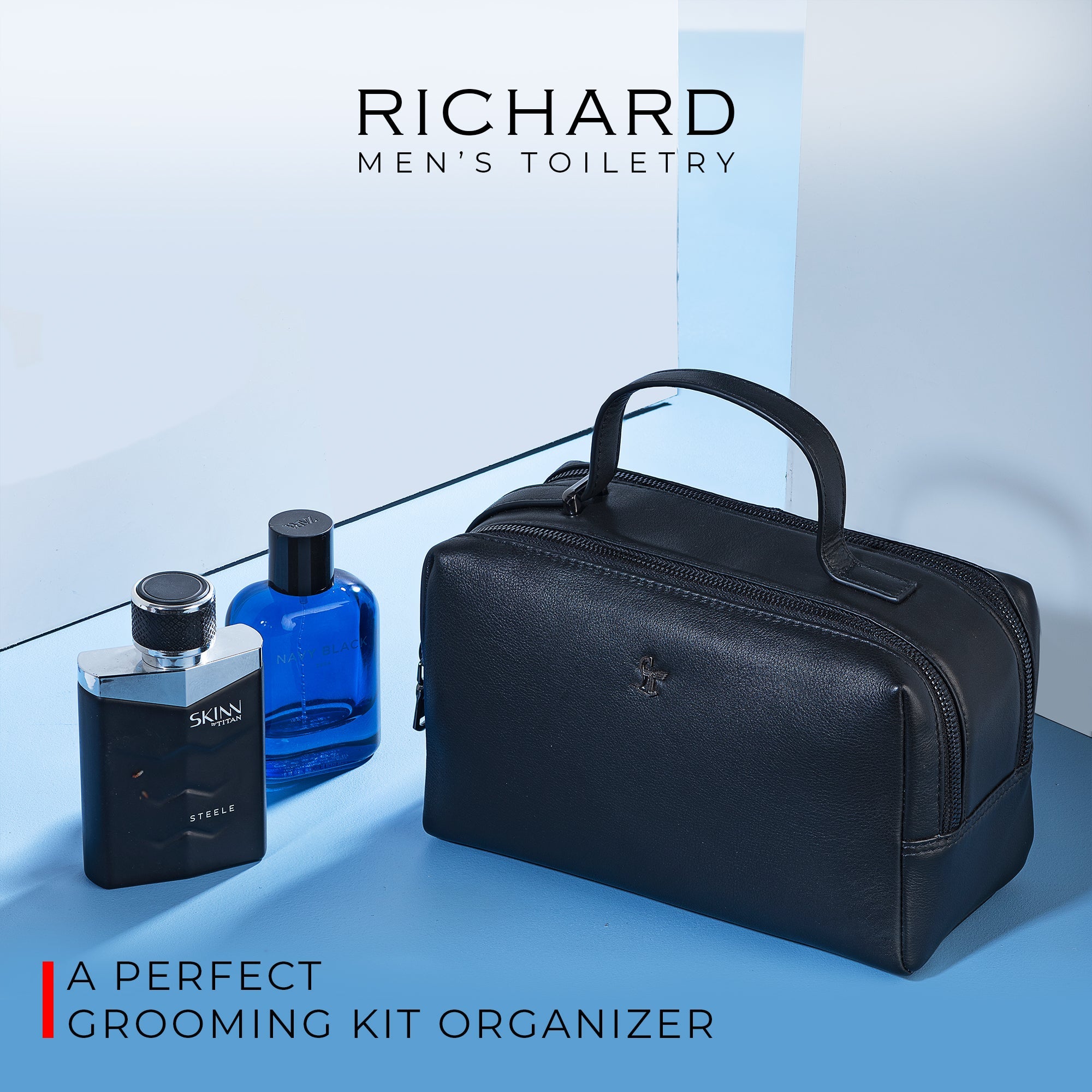 Richard's Leather Toiletry Shaving Kit Bag For Men For Carrying Grooming Essentials Travel In Black, Brown Tan