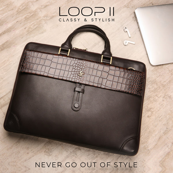 Deepcut Croco Loop II | Genuine Leather Laptop Bag for Men | Black & Brown
