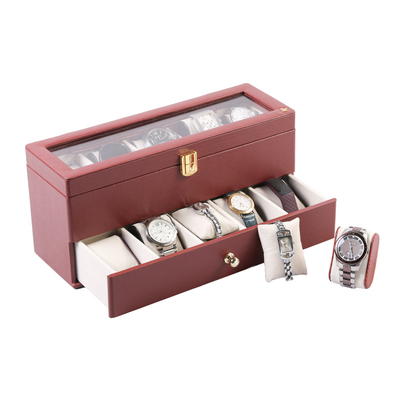 Bronx II Leather Watch Box / Case | 100% Genuine Leather | Can Hold 10 Watches | Acrylic Glass Top | Color: Saffiano Black, Brown & Cherry