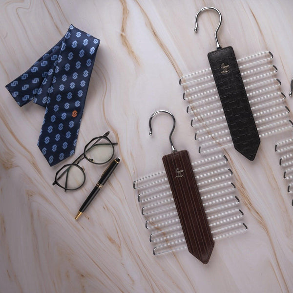 Leather Wooden Tie Hanger | 100% Genuine Leather | Color: Chatai Black & Chatai Cherry