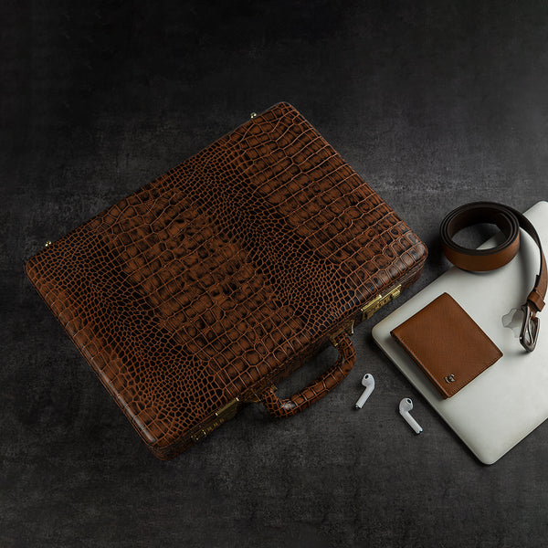 Genuine Leather deepcut croco tan briefcase