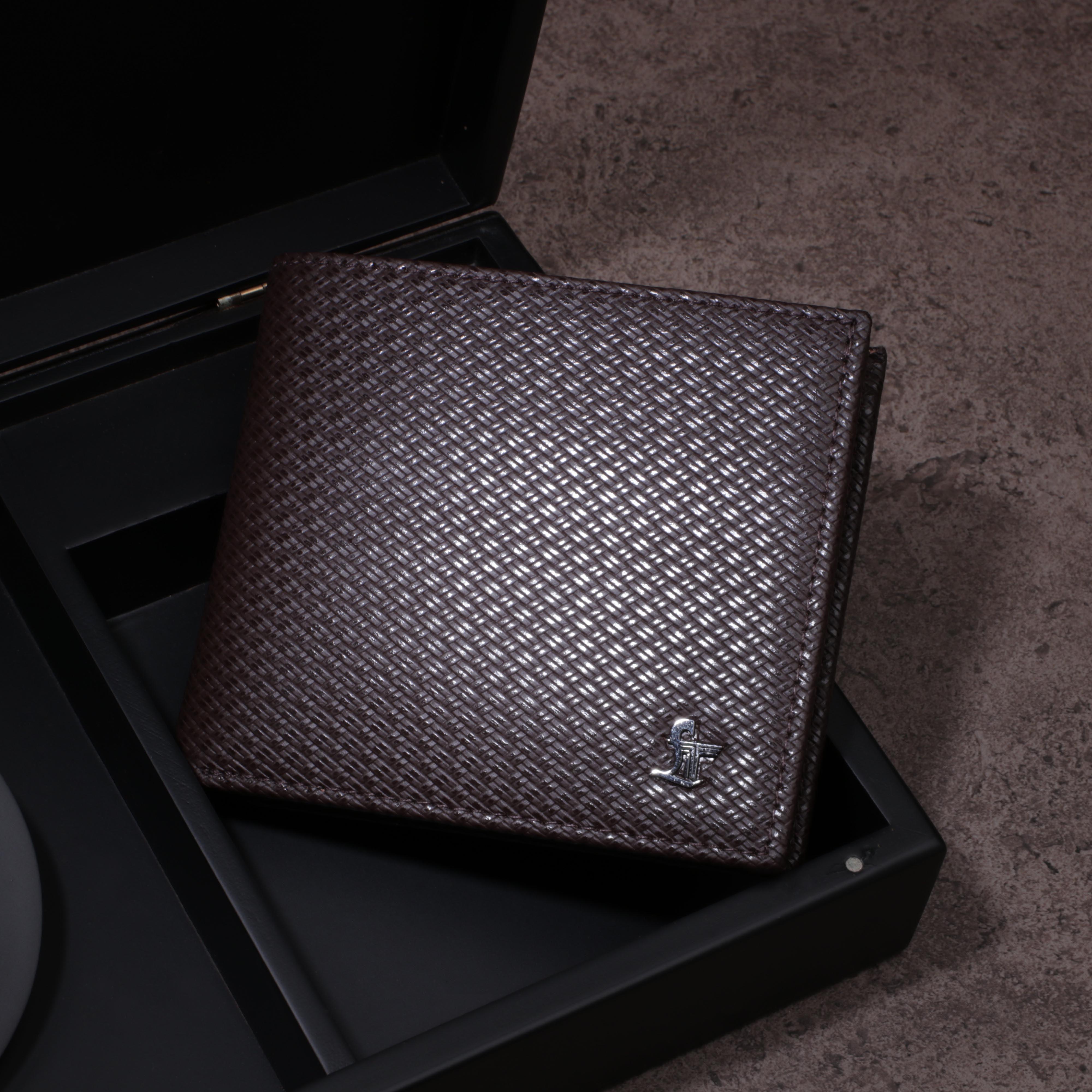 Premium Italian Small Weave Print Brown  Wallet Belt Set with Wooden Gift Box - Leather Talks 