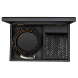Premium Two Tone Italian Weave Black  Wallet Belt Set with Wooden Gift Box - Leather Talks 