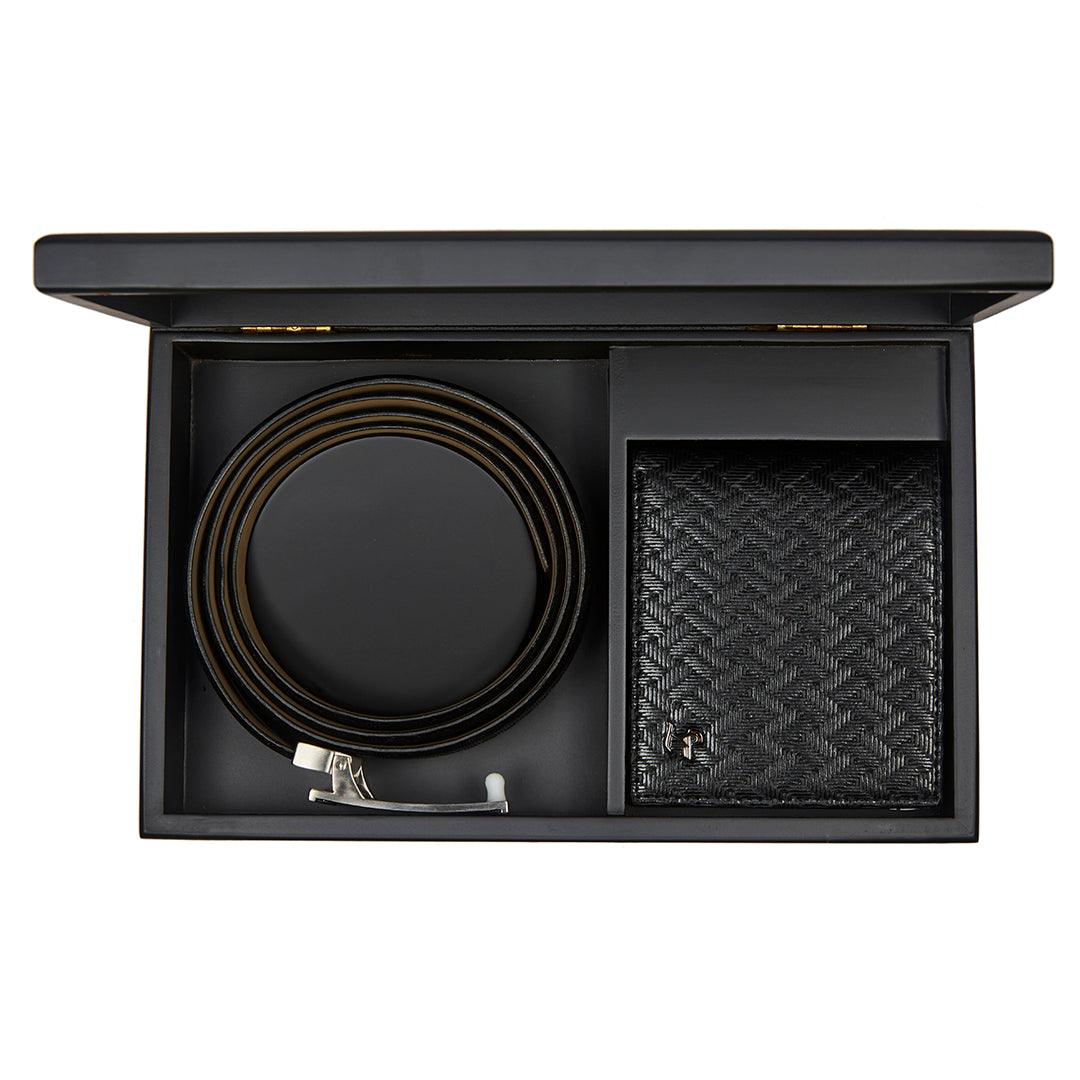Premium Italian Cross Weave Black Wallet Belt Set with Wooden Gift Box - Leather Talks 